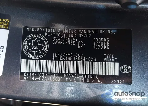 2007 Toyota Camry Le V6/Se V6/Xle V6 из США, поврежденный, VIN 4T1BK46K17U541026